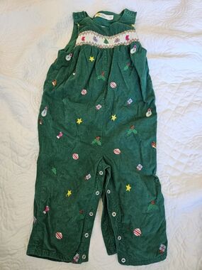 Baby Boden Green Corduroy Smocked Christmas Jumpsuit